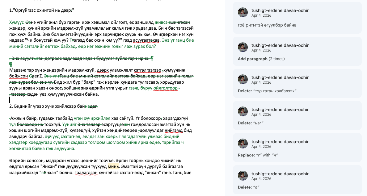 Суралцагчийн бичвэр дээр редакторын хийсэн засвар, зөвлөгөө (Google Docs)